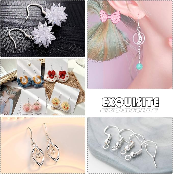 925 Sterling Silver Plated Earring Hooks 150 PCS/75 Pairs,Ear Wires Fish Hooks,500pcs Hypoallergenic Earring Making kit with Jump Rings and Clear Silicone Earring Backs Stoppers (Silver)