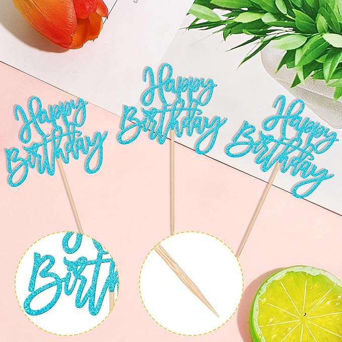 24 PCS Happy Birthday Cupcake Toppers Glitter Picks for Celebrating Anniversary Theme Party Cake Decorations Supplies - Lake Blue