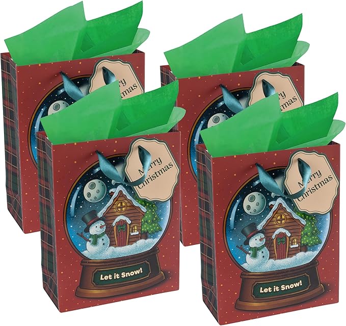 RACHELLE'S Snow Globe Christmas Gift Bags – Small 9"x7"x3" (4-Pack) – Sturdy Paper Gift Bags with Tissue Paper, Tag and Handle – Let It Snow – Perfect for Christmas Holiday Gifting & Party Favors