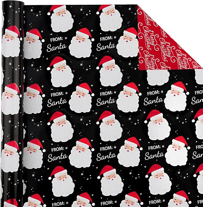 WRAPAHOLIC 30 Inch Jumbo Reversible Vintage Christmas Wrapping Paper - 30 Inch x 33 Feet - Black Jolly Santa Wrapping Paper and Red Merry Christmas Design with Metallic Foil Shine for Holiday, Party