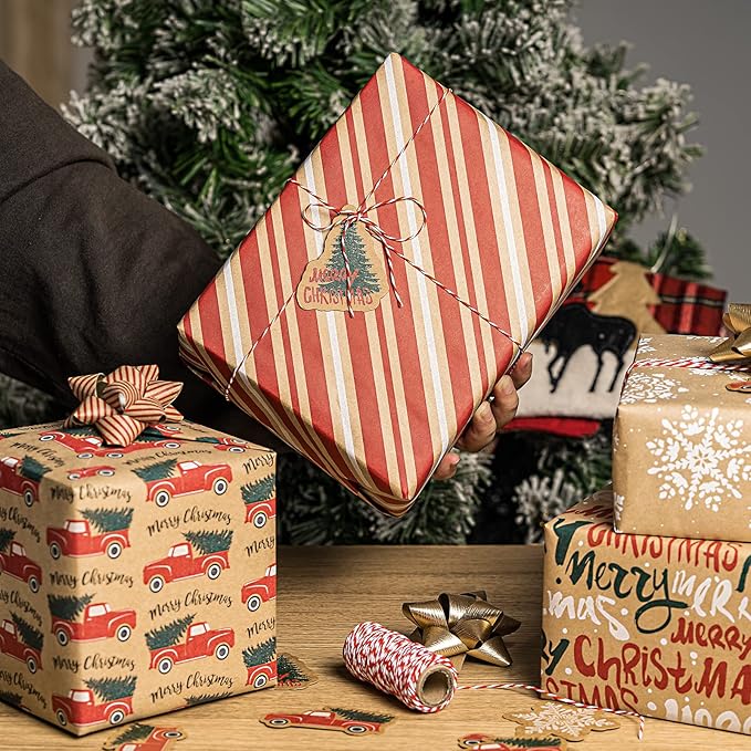 RUSPEPA Christmas Wrapping Paper Set - 4 Rolls of Kraft Wrapping Paper (30 Inches x 10 Feet Per Roll) with 8 Gift Bows, 1 Spools of Bakers Twine, Jute String, 30 Stickers and 30 Gift Tags - Red