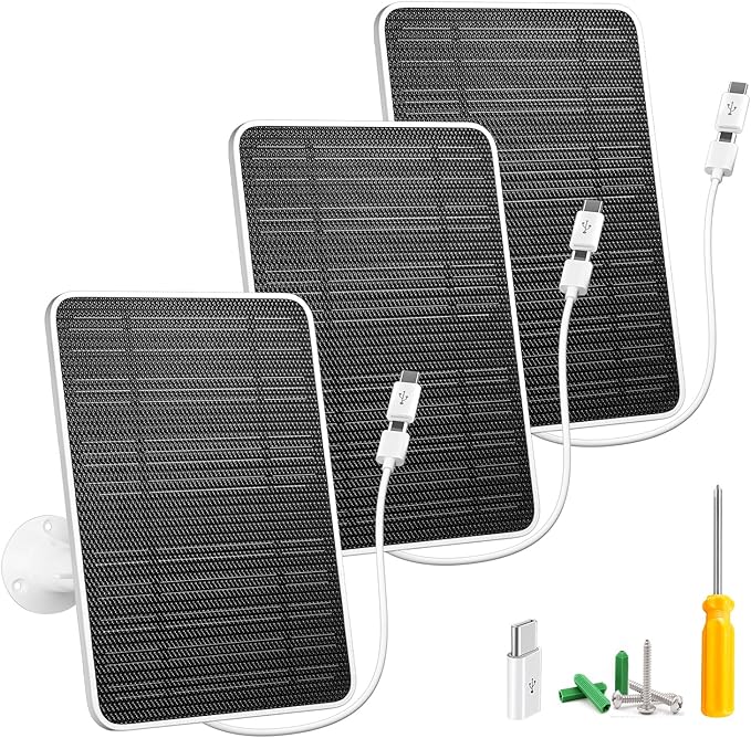 Solar Panel for Security Camera, 5W USB Solar Panel for DC 5V Security Camera, Micro USB & USB-C Port Solar Panel, IP65 Waterproof Solar Charger for Camera,360° Adjustable Mounting 13ft Cable, 3 Pack