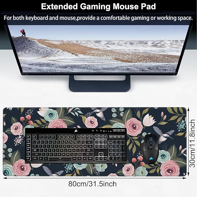 Colorful Flowers and Birds Desk Mat,Large Spring Floral Bird Gaming Keyboard Mouse Pad,Non-Slip Rubber Base Desk Pad Thick Stitched Edges Waterproof Mousepad Mouse Mat 31.5"x11.8"
