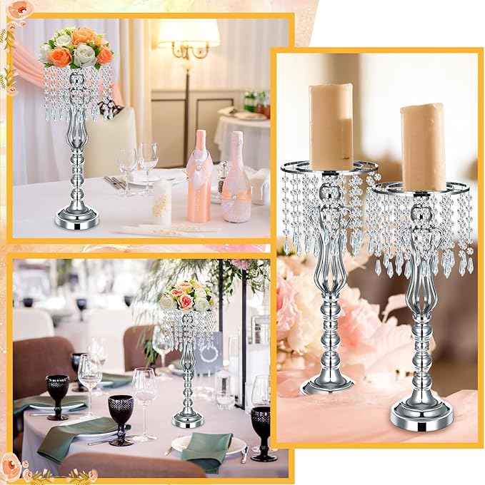 16 Pcs Wedding Centerpieces for Tables, Gold Silver Vase Centerpiece with Chandelier Crystal Metal Flower Stand, Tall Flower Vases for Wedding Party Home Decoration(Silver,21.3)