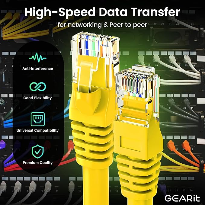 GearIT Cat 6 Ethernet Cable (20-Pack 5 Feet) Cat6 Network Patch, 10Gbps, RJ45, Snagless Cord, Gold-Plated Connectors, Internet for PC, TV, Tablet, Router, Printer, Servers, IT Data Center - Yellow