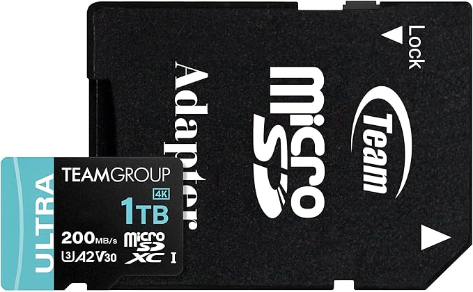 TEAMGROUP A2 Ultra Card 1TB Micro SDXC UHS-I U3 A2 V30, R/W up to 200/170 MB/s with Adapter TULMSDX1TIA2V3022503