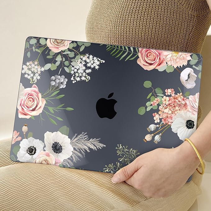 TWOLSKOO Compatible with M4 MacBook Air 13.6 inch Case 2025-2022 Release M4 A3240 M3 A3113 M2 A2681, Plastic Hard Shell & Keyboard Cover & Type C Adapter & Screen Protector, Rose Flower