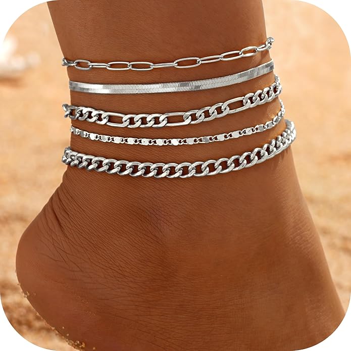 iF YOU Gold Ankle Bracelets for Women, 14k Gold Plated Waterproof Cuban Link Chain Anklets Set, Layered Anklet Bracelets for Women Beach Gift Adjustable Size 5pc