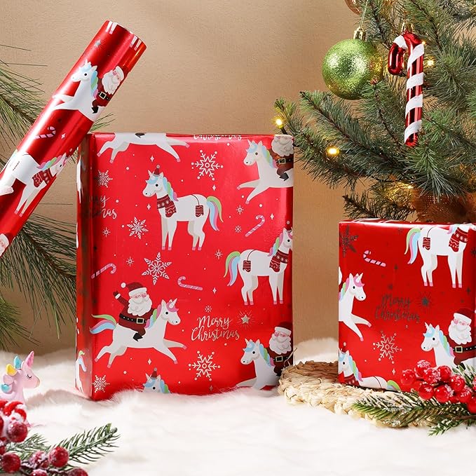 LaRibbons Christmas Foil Wrapping Paper Roll, Classic Santa Unicorn Rainbow Design Gift Wrap Paper for Kids, Christmas, Season Party, Holiday, 17 Inch X 33 Feet