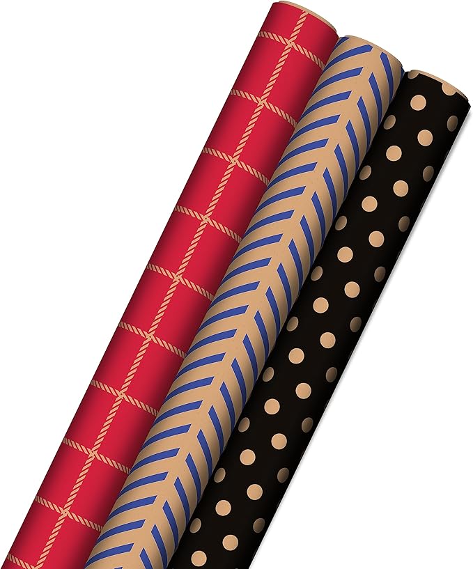 Hallmark All Occasion Reversible Wrapping Paper - Gold & Kraft Stripes, Triangles, Chevron, Polka Dots