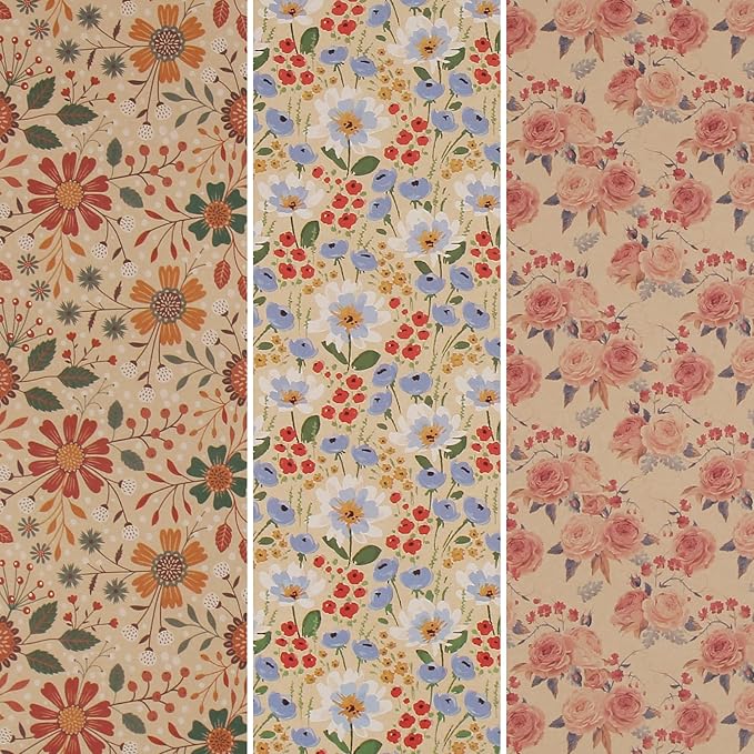 Aimyoo Kraft Floral Wrapping Paper Bundle, Vintage Spring Flowers Rose Gift Wrap Paper for Wedding Bridal Shower Birthday, 3 Rolls 17 in x 16 ft per Roll