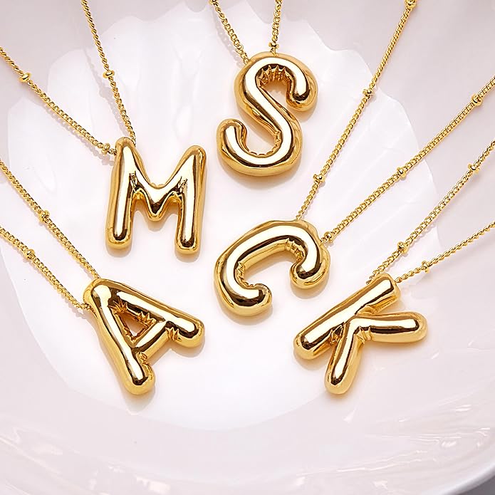Inerney Valentines Day Gifts Gold Bubble Letter Necklace Initial Necklaces for Women, Chunky 14K Plated Balloon Initials, Trendy Charm Non Tarnish Custom Name Pendant Jewelry Gifts for Mom