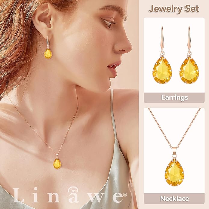 Linawe Crystal Jewelry Sets for Women, Imitation Diamond Pendant Necklace, Rhinestone Drop Dangle Earrings, Birthstone Cubic Zirconia Matching Wedding Jewelry, 14K Gold/Rose Gold/Silver Tones