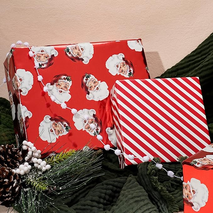 LaRibbons Vintage Santa Christmas Wrapping Paper Roll – Double-Sided Foil Gift Wrap with Candy Cane Stripes, Holiday Wrapping Paper for Xmas Presents & Decorations, 17 Inch × 33 Feet