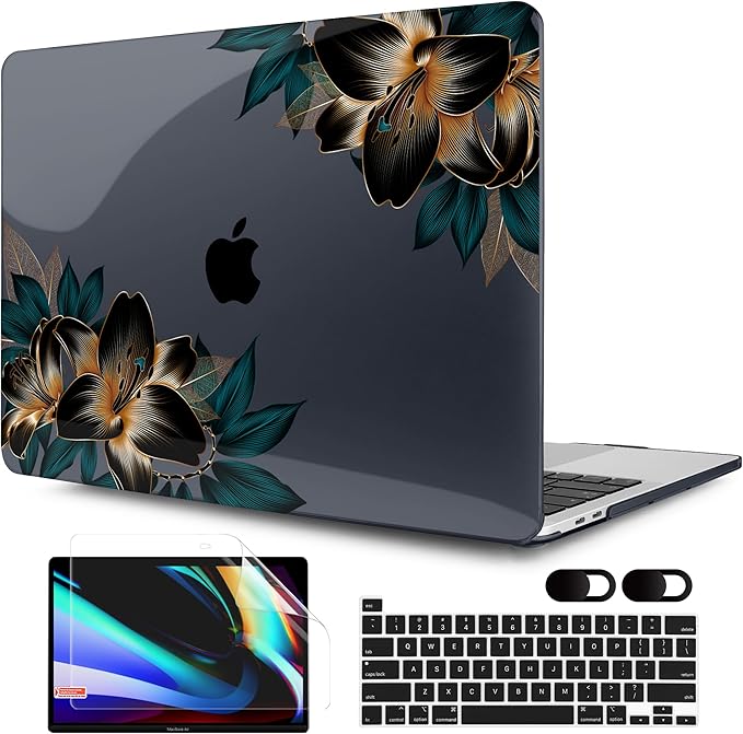 MEEgoodo Case for MacBook Pro 13 inch, Laptop Hard Shell with Keyboard & Camera Cover, Golden Lilies
