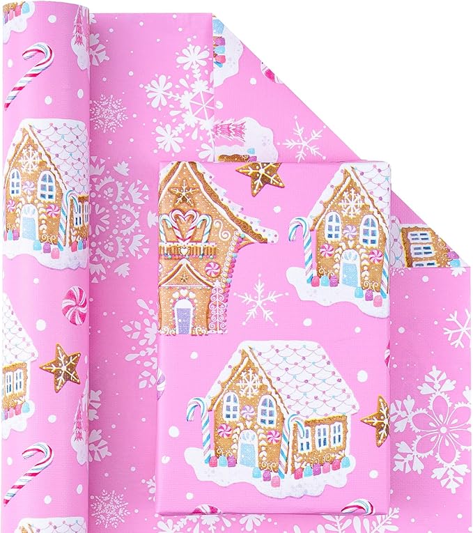 WRAPAHOLIC Reversible Gingerbread Christmas Wrapping Paper - Mini Roll - 17 Inch x 33 Feet - Pink Gingerbread House and Snowflake with Embossed for Christmas, Holiday, Party Celebration