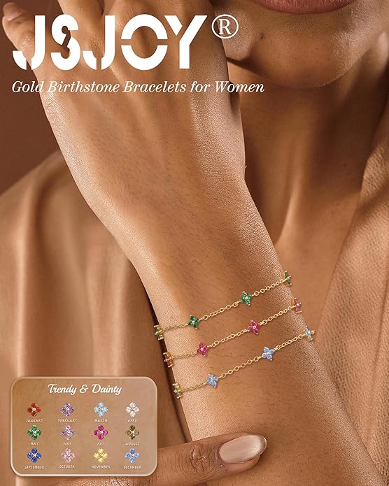 JSJOY Birthstone Bracelets for Women, 14K Gold Bracelets for Women Mom Gifts Birthday Valentines Day Gifts for Gf Dainty Flower Gift for Her Birthstone Bracelet Mothers Day Gift