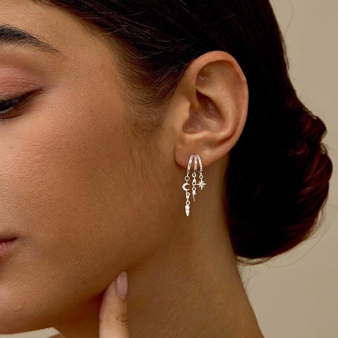 Dangle Earrings For Women,Dainty 14K Gold Plated Hypoallergenic Small Triple Huggie Hoop Earring Gothic Cute Cross Moon Star Drop Earrings For Women Trendy Gold Statement Stud Earring Jewelry