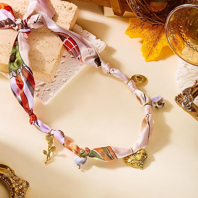 RINHOO FRIENDSHIP Silk Scarf Necklace for Women - Adjustable Boho Vintage Bandana Choker with 18K Non-Tarnish Gold Charms (Assorted Pendants & Patterns) Layered Jewelry Gift Box