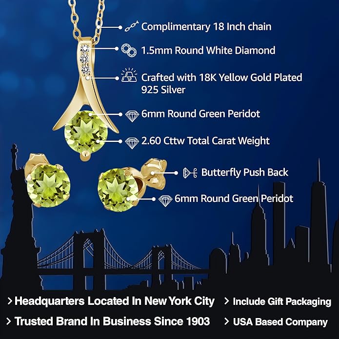 Gem Stone King 18K Yellow Gold Plated Silver Green Peridot and White Diamond Pendant and Earrings Jewelry Set For Women (2.60 Cttw with 18 Inch Chain)