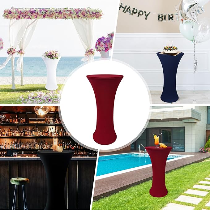 2PCS 24x43 Inch Round Fitted Cocktail Table Cover Burgundy Spandex Cocktail Table Cloth Highboy Fitted Tablecloth High Top Table Cloths for Party Pub Banquet Bistro