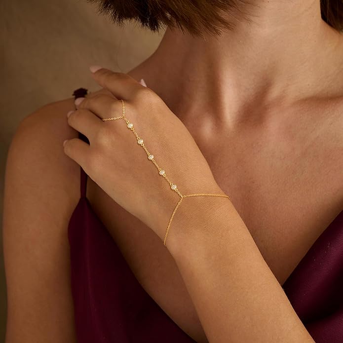 Valentine Gift 14K Gold Plated Hand Chain Bracelet for Women Trendy, 2 Pcs Stackable Gold/Silver Finger Ring Bracelet Hand Chain Dainty Non Tarnish Waterproof Set Jewelry Adjustable 7'+2