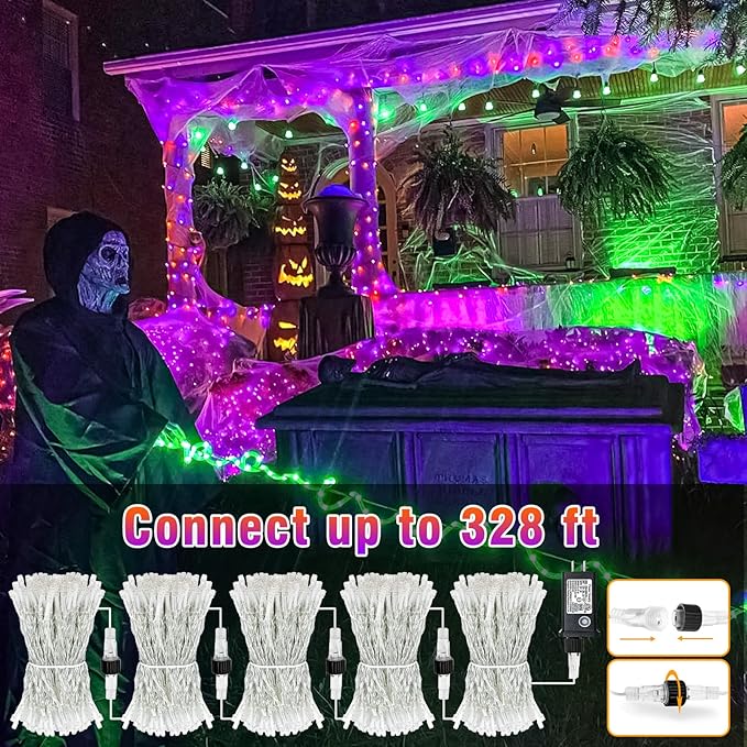66FT 200 LED Christmas Lights Outdoor, Orange & Purple Christmas String Lights Waterproof with 8 Modes, Connectable Clear Wire Twinkle Light for Indoor Home Tree Xmas Garden Decorations