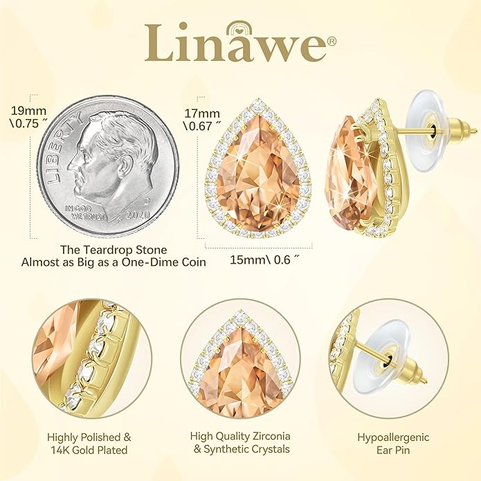 Linawe Women Stud Earrings, Teardrop Diamond Moissanite Cubic Zirconia Earrings Studs Rhinestone Jewelry Gold/Silver/Rose Gold