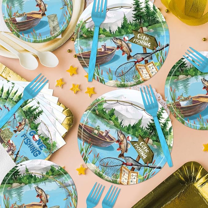 96PCS Gone Fishing Plates and Napkins Party Supplies - Fishing Birthday Party Decorations Fishing Themed Disposable Paper Tableware Set Serves 24 Guests