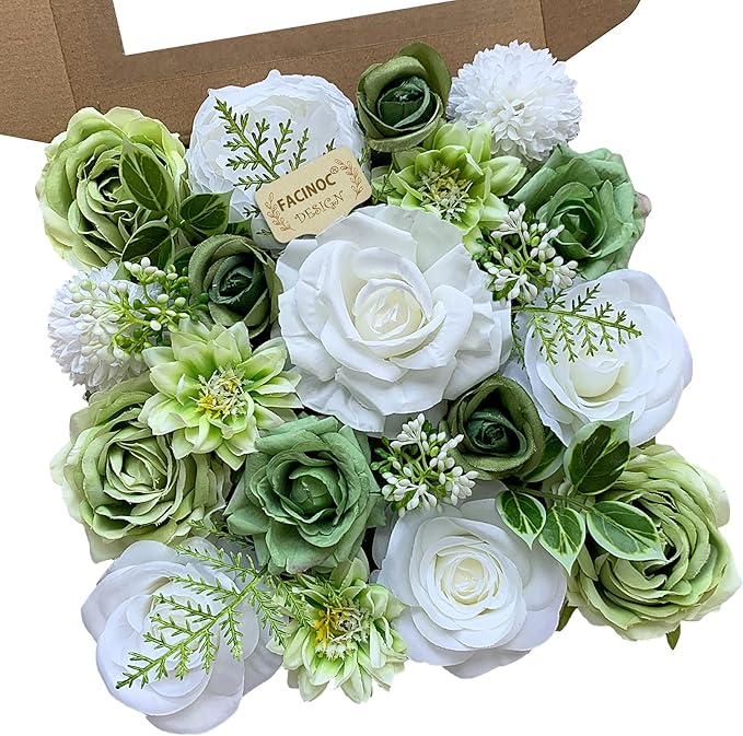 Rose Artificial Flowers White Fake Flower Bulk for DIY Wedding Bouquet Bridal Baby Shower Decorations Party Table Centerpieces Cake Decorating Silk Floral Arrangement Home Decor Indoor Green