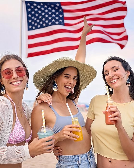 Gold Dangle Earrings for Women - American Flag Teardrop Earrings for 4th of July, Patriotic Independence Memorial Veterans Day Leather Cute Lightweight Fashion Jewelry USA 250th Celebration Gifts