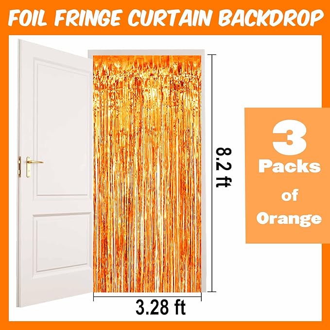 3 Pack Orange Foil Fringe Curtains Backdrop, 3.28 x 8.2 Ft Metallic Streamers Tinsel Curtains Background for Photo Booth, Birthday, Halloween, Christmas, Thanksgiving, New Year Party Decorations