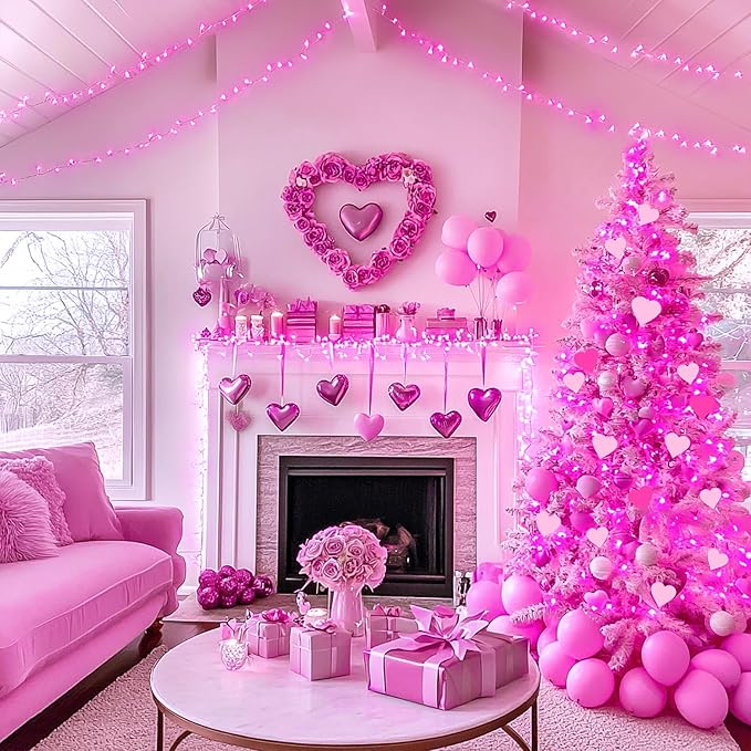 JMEXSUSS 200 LED Pink Christmas Lights for Decor, 66ft Pink String Lights Indoor Outdoor Clear Wire, Rose Color LED Fairy Light Plug in for Girls Room Wall Christmas Tree Party Decorations