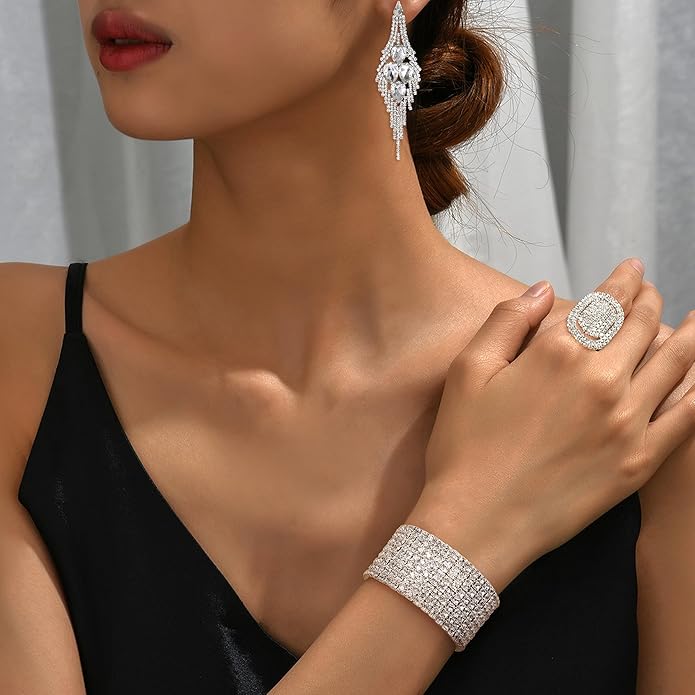 Sllaiss Rhinestone Bridal Jewelry Set for Women Sparkling Rhinestone Stretch Bracelet Ring Dangle Tassel Earrings Set Costume Jewelry