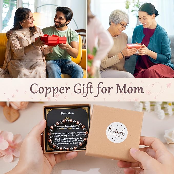 Mom Bracelet as Valentines Day Gifts for Mom, Copper Bracelet for Elderly, Dainty Copper Jewelry with 3800 Gauss Magnets, Stretch Bead Braclet Elderly Gifts Valentine Presents