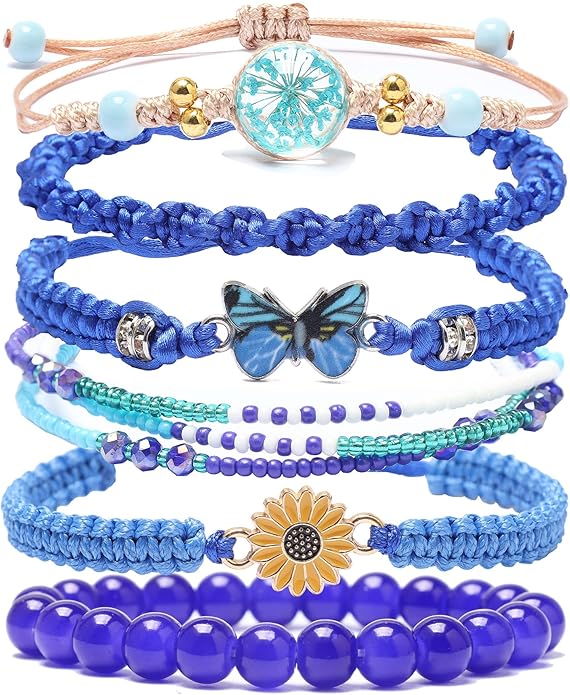 DS 6PCS String beads Charm Bracelets for Teen Girls Handmade Braided Rope Butterfly daisies Eternal flower Boho Surfer Bracelet for women Adjustable friendship Stretch birthday jewelry Gift Friends