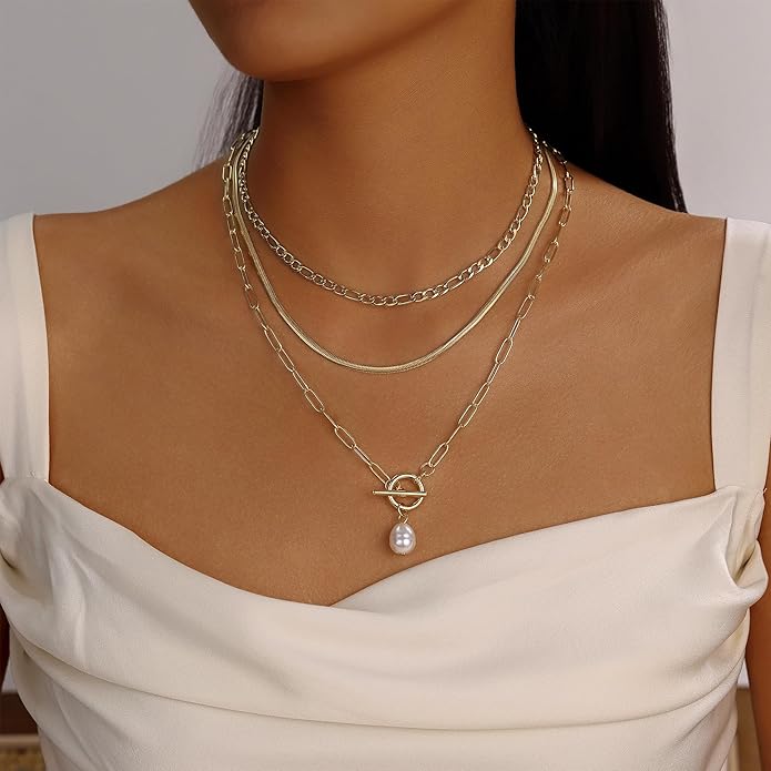 Evabelle Gold Layered Necklace for Women Trendy Jewelry 14K Real Gold Plated Chunky Chain Stackable Necklaces Dainty Choker Necklaces Rectangle Square Pendant