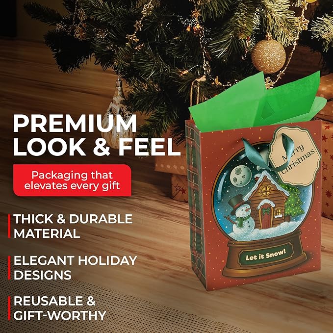 RACHELLE'S Snow Globe Christmas Gift Bags – Small 9"x7"x3" (4-Pack) – Sturdy Paper Gift Bags with Tissue Paper, Tag and Handle – Let It Snow – Perfect for Christmas Holiday Gifting & Party Favors