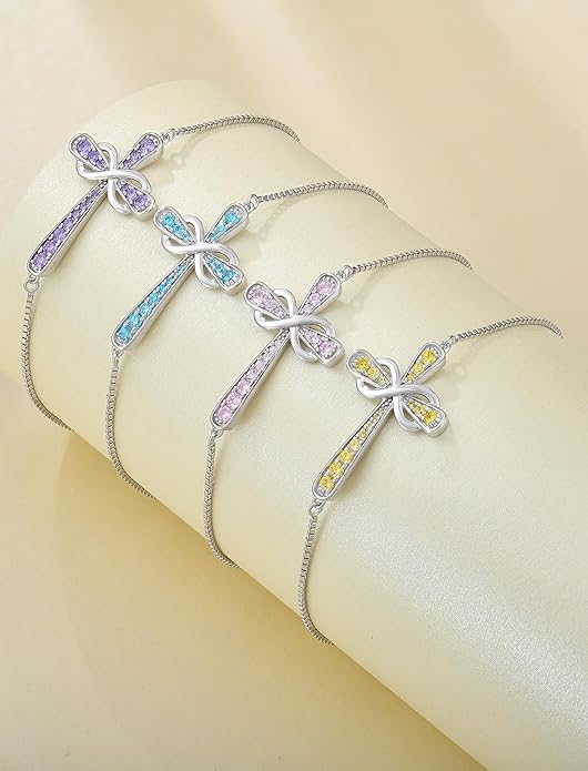 YL Cross Bracelet 925 Sterling Silver Infinity Sideways Link Bracelet Birthstone Jewelry for Women