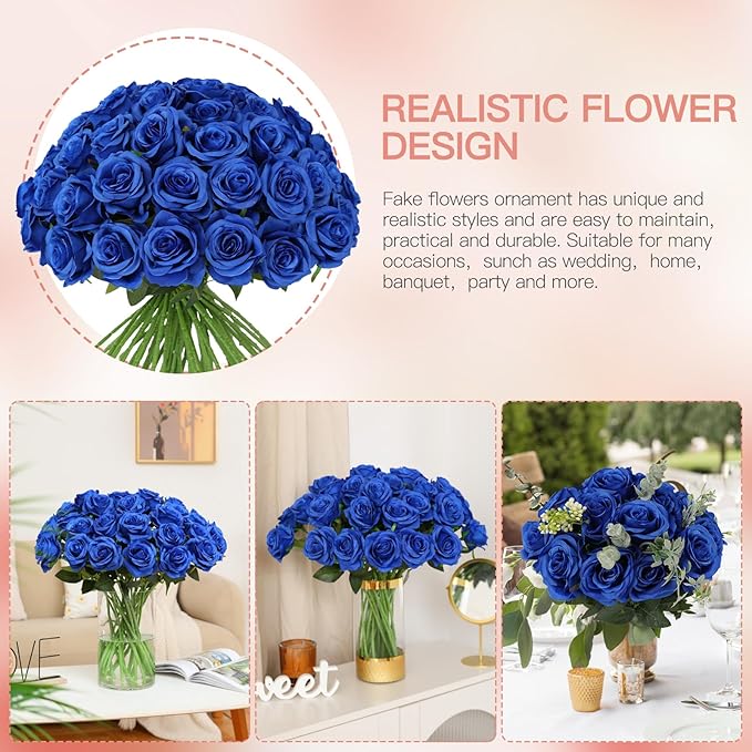Tifuly 50 Pcs Blue Roses Artificial Flowers Bulk,Realistic Long Stem Fake Silk Roses for Wedding Centerpiece Table Vases Party Home Kitchen DIY Bouquets Decor