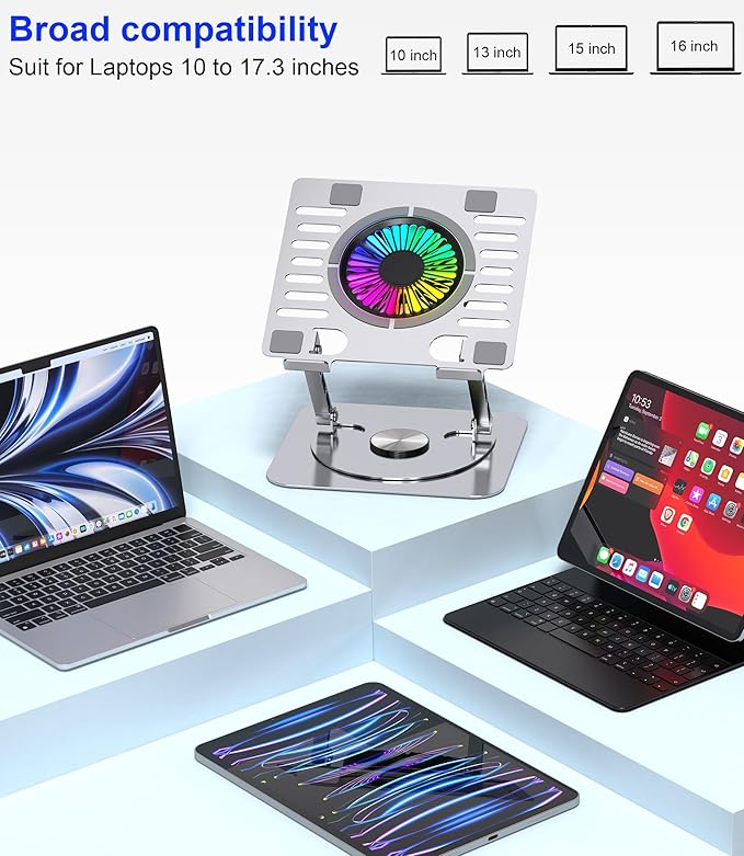 Laptop Stand,with 360°Rotating Base,External Cooling Fan,Adjustable RGB Lighting,Ergonomic Foldable Notebook Computer Holder.Compatible with All 10-17" Laptops Tablets,Silver