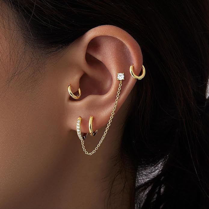 Small Gold Huggie Hoop Earrings Set for Women Men Hypoallergenic 14K Plated Stack Cartilage Earrings, Multiple Piercing Lightweight Mini Thin Cute Dainty Trendy Jewelry Set Christmas Gifts for Women