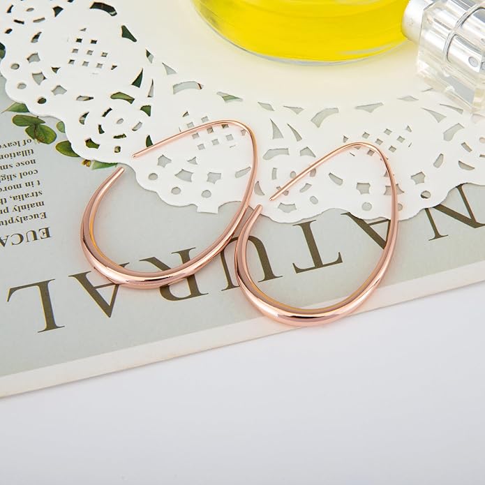 Lightweight Teardrop Hoop Earrings for Women - 14k Gold/White Gold Plated Large Oval Pull Through Hoop Earrings High Polished Statement Jewelry Gift for Women