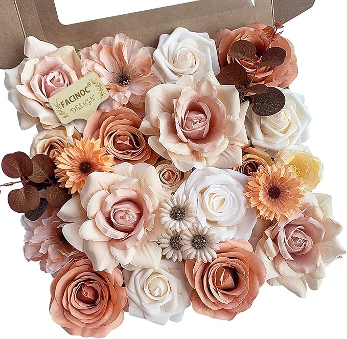 Roses Artificial Flowers Bouquet Combo Box Set for DIY Wedding Centerpieces for Table Bridal Baby Shower Party Decorations Fake Silk Floral Arrangements for Home Decor Indoor Peach Pink