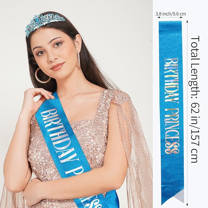 CIEHER Princess Crown and Sash Set, Blue Birthday Crown and Tiara for Girls and Women, Happy Birthday Accessories