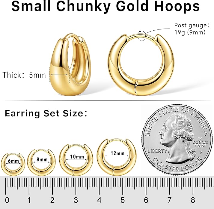Small Gold Huggie Hoop Earrings Set for Women Men Hypoallergenic 14K Plated Stack Cartilage Earrings, Multiple Piercing Lightweight Mini Thin Cute Dainty Trendy Jewelry Set Christmas Gifts for Women