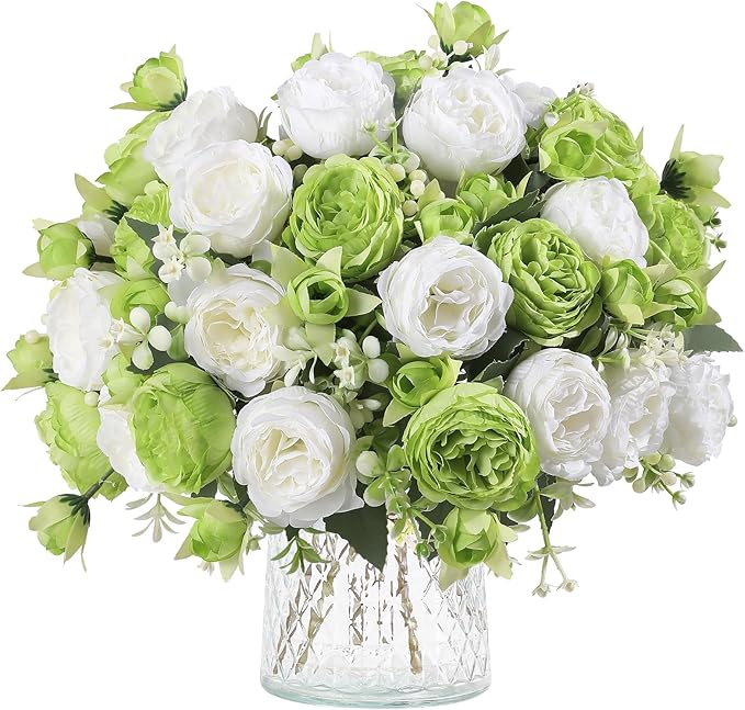 Floweroyal 2 Bunches Peony Artificial Flowers Green Flowers Silk Peonies Bouquets for Wedding Party Table Centerpieces Floral Arrangement Home Kitchen Decor