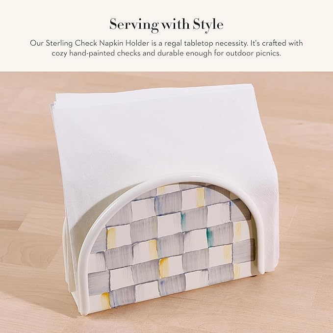 MACKENZIE-CHILDS Enamel Napkin Holder, Kitchen Napkin Holder for Table and Countertop, Gray-and-White Sterling Check