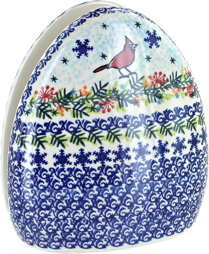 Blue Rose Polish Pottery - Red Winter Cardinal Napkin Holder - 4" x 6.5" - Ceramic Napkin Holders, Festive Design, Perfect Holiday Table Accessories for Christmas Entertaining