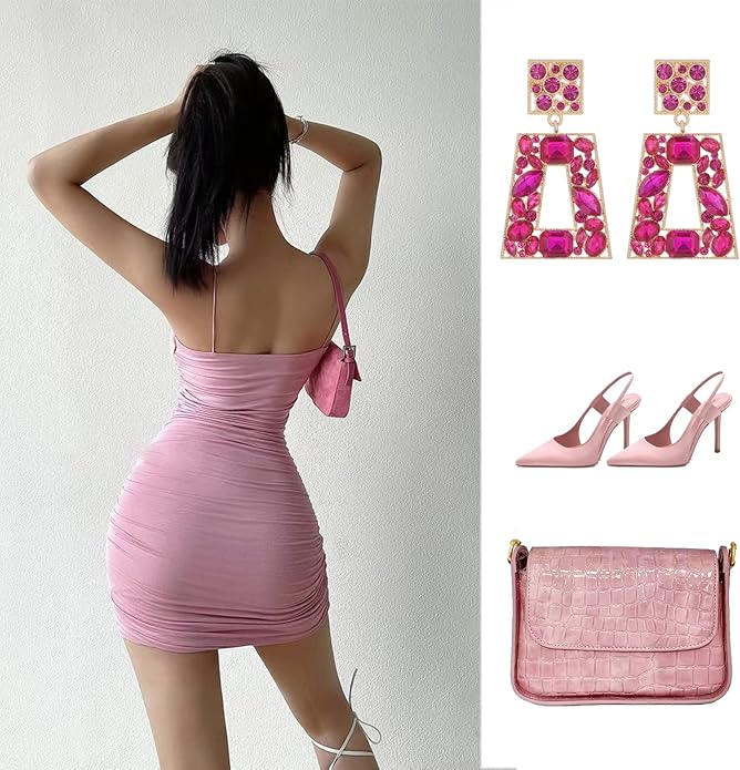 Rhinestone Rectangle Statement Earrings Colorful Crystal Geometric Drop Dangle Earrings for Women Prom Party